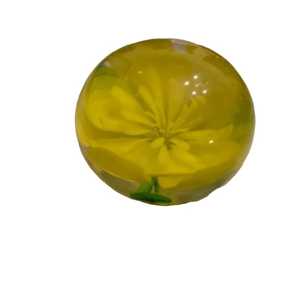 Round Globe Paperweight Yellow Flower 2.2"d x 1.8"h
